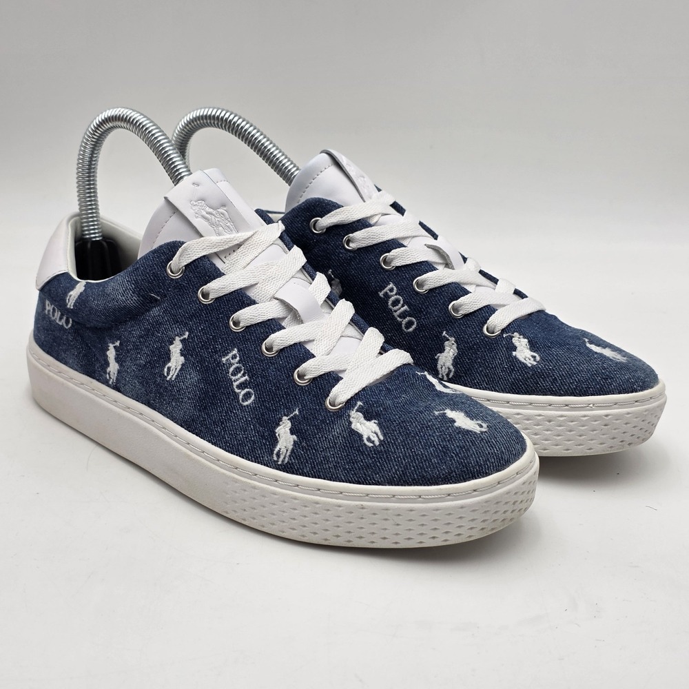 Polo Ralph Lauren Navy Denim Canvas All Over Pony Embroidered Sneakers Womens 7
